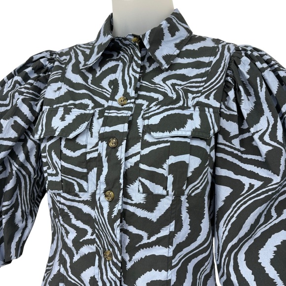 Ganni Zebra Print Cotton Shirt Dress Puff Sleeve Mini Blue Gray Designer EU34 XS - Picture 11 of 16